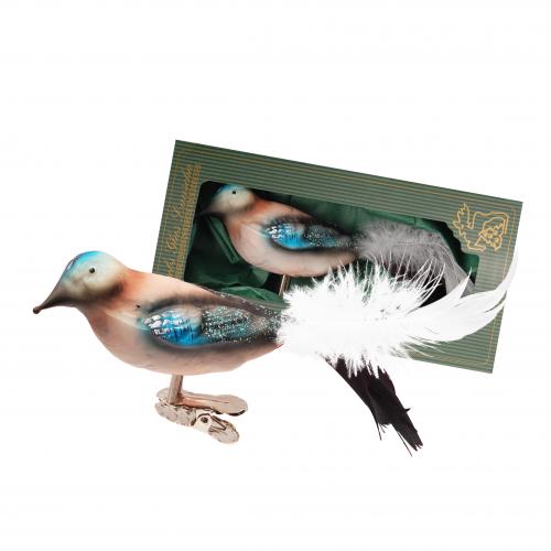 Multicolor 14cm Glasvogel Eichelhher auf Clip mit 5cm Federschwanz mundgeblasen und handbemalt