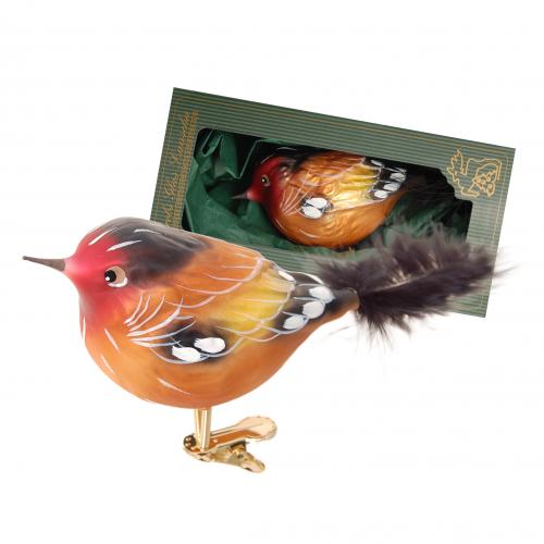 Multicolor 14cm Glasvogel Stieglitz auf Clip mit 5cm Federschwanz mundgeblasen und handbemalt