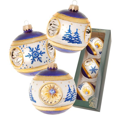 Blau/Silber/Gold glanz 8cm Glaskugeln mit Reflex 3-fach, mundgeblasen und handdekoriert mit Baum und Schneestern bestreut mit blauem Glitter