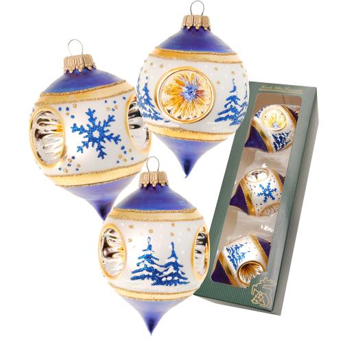 Blau/Silber/Gold glanz 6cm Zwiebel aus Glas mit Reflex 3-fach mit Baum und Schneestern