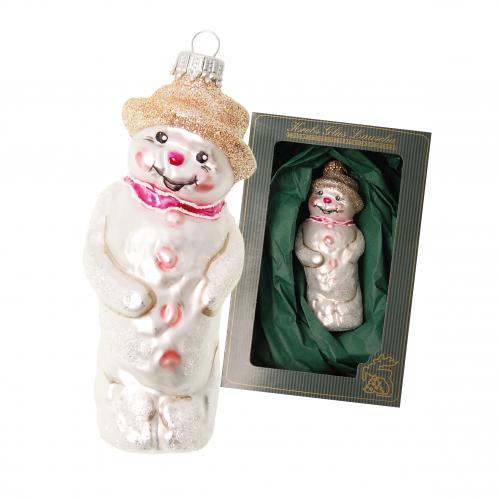 Hellrosa 10cm Schneemann mit goldenem Hut, Glasornament, mundgeblasen und handdekoriert 