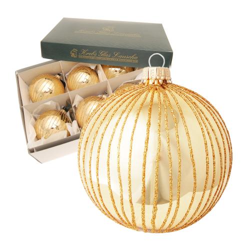 Gold glanz 8cm Glaskugel mundgeblasen und handdekoriert mit goldenen Linien (6 Stck)