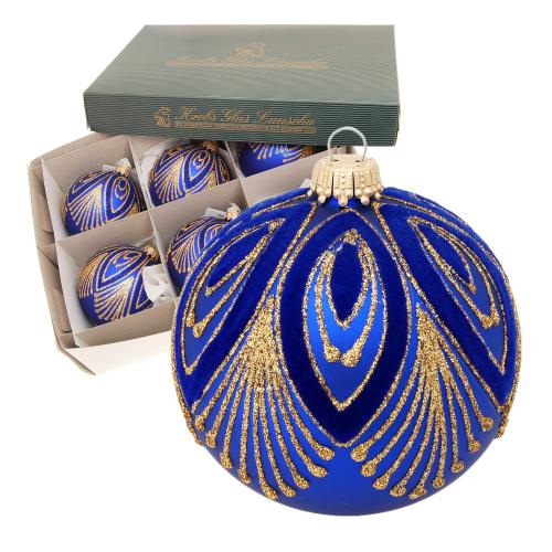 Dunkelblau matt 8cm Glaskugel mundgeblasen und handdekoriert mit Pfauendekor beflockt und mit Glitter