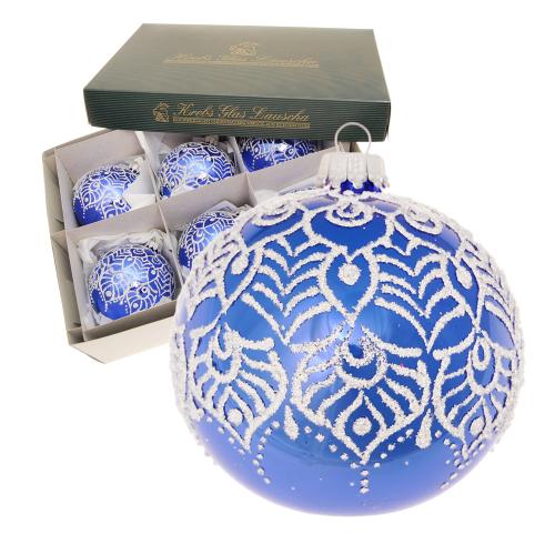 Royalblau glanz 8cm Glaskugel mundgeblasen und handdekoriert mit Arabeske (6 Stck)