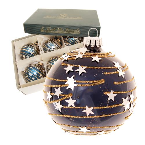 Kobaltblau glanz 8cm Glaskugel mundgeblasen und handdekoriert mit Sternenhimmel in Gold und Silber (6 Stück)