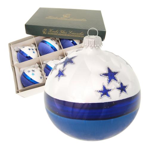 Eislack weiß/blau 8cm Glaskugel mundgeblasen und handdekoriert mit blauen Sternen (6 Stück)