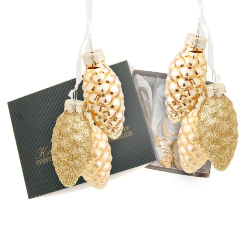 Gold glanz/Gold satin/Gold beglittert 6cm Set aus 2x3 Stck Minitannenzapfen mit Textilband