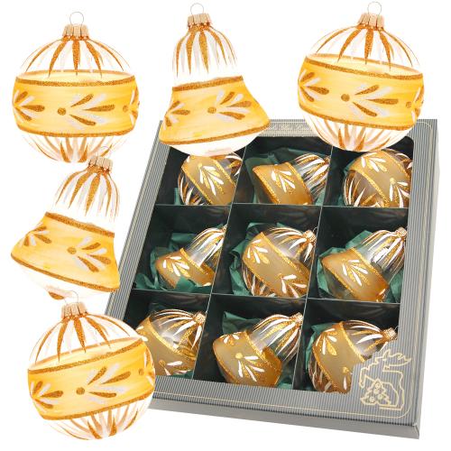 Glaskugelset „Goldene Banderole mit Blättern“, 9-teilig, gold/klar, Kugel 8cm, Glocke 10cm (glasklar mit goldenem Dekor)