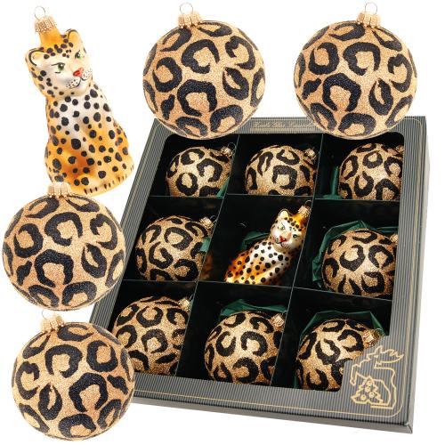 Glaskugelset Africa Xmas, 9-teilig, 8 Kugeln Leopard Look, 1 Leopard, 8cm