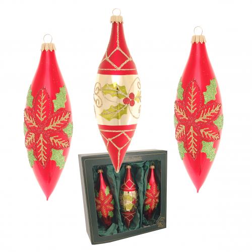 Weihnachtsstern & Beeren, 3-er Set, Oliven, rot matt/gold glanz, 15cm