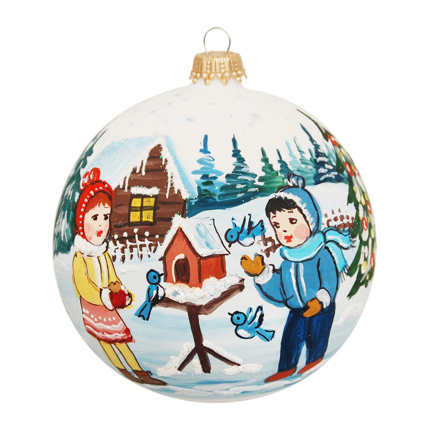 Weihnachtskugel Kinder mit Vogelhaus Wei� 10cm