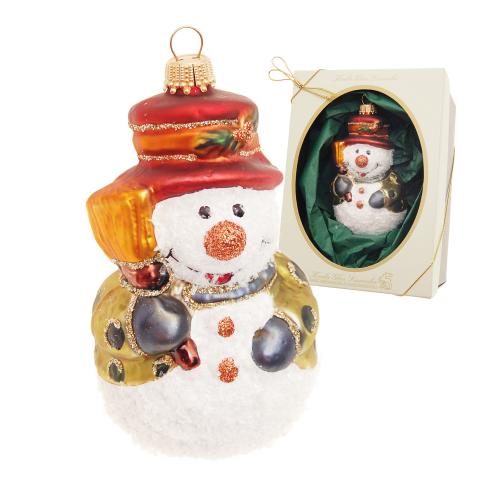 Kleiner Schneemann mit Besen und Hut, multicolor, 9cm (Glasornament, mundgeblasen und handdekoriert)