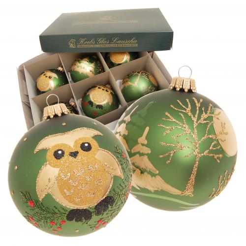 Christmas Glaskugel-Set Eule & Wald (Weihnachtswald), Moosgrn Satin 6-teilig, 8cm