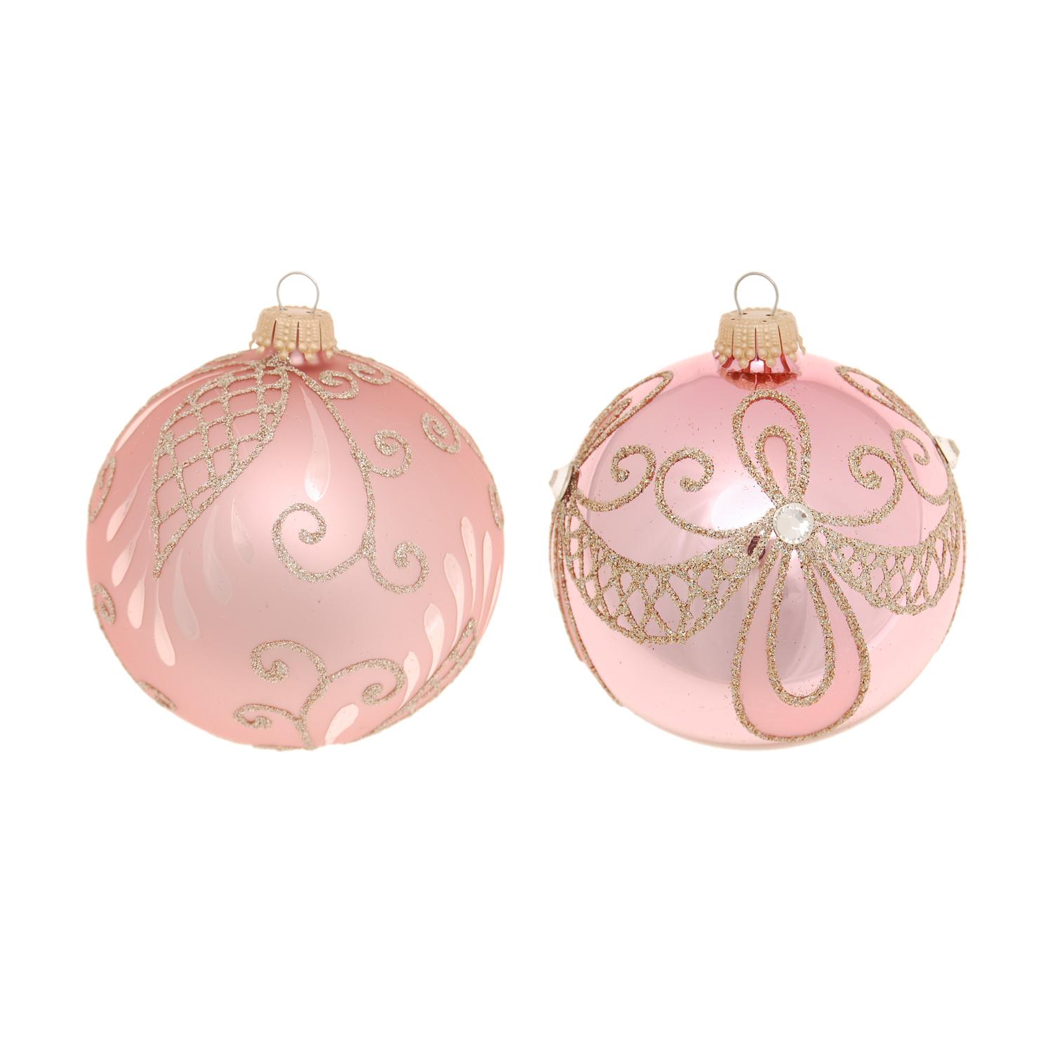 Weihnachtskugeln Floral Barock mit Strass Rosa 8cm