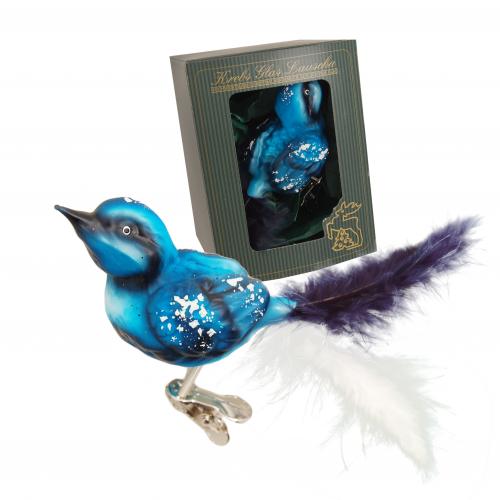 Glasvogel Spatz, Blau, 7cm mit Echtfedern