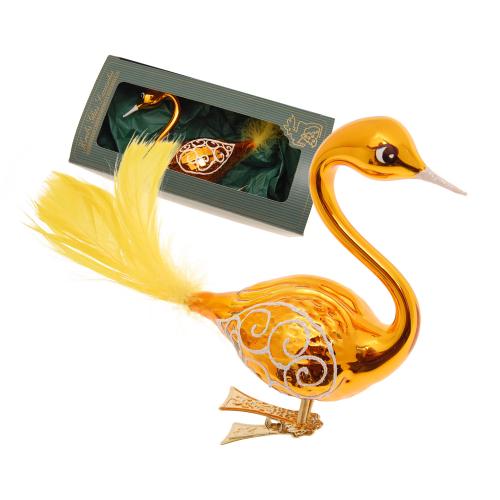 Glas-Schwan, Gold Glanz, 9cm + 5cm Echtfeder