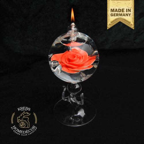 Glas-llampe mit roter Porzellanrose und Fu