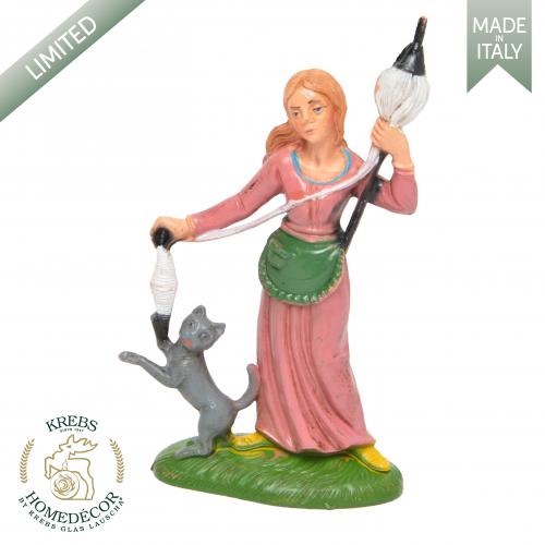 Frau mit Spindel und Katze 13cm