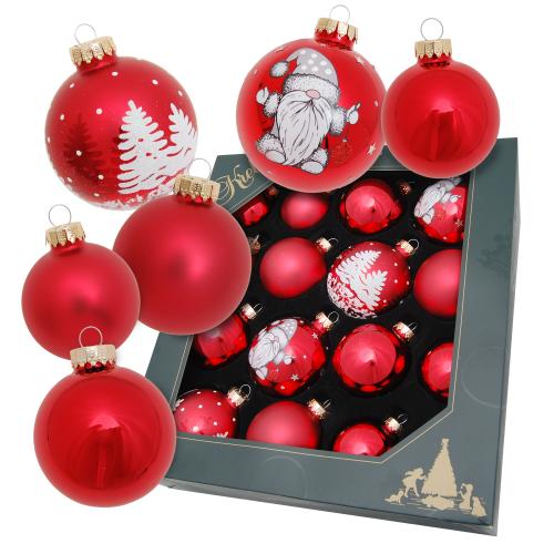 16teiliges Sortiment rote Weihnacht glanz/matt unifarben/dekoriert mit Wichteln/Winterwald (5cm/6cm/6,7cm)