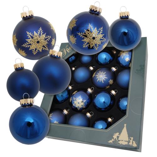 16teiliges Sortiment blaue Nacht glanz/matt unifarben/dekoriert mit goldenen Schneeflocken (5cm/6cm/6,7cm)