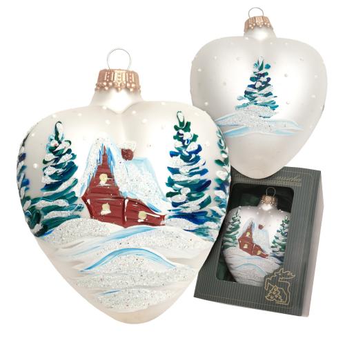 Herz mit verschneitem Haus, Silber Satin, 10cm