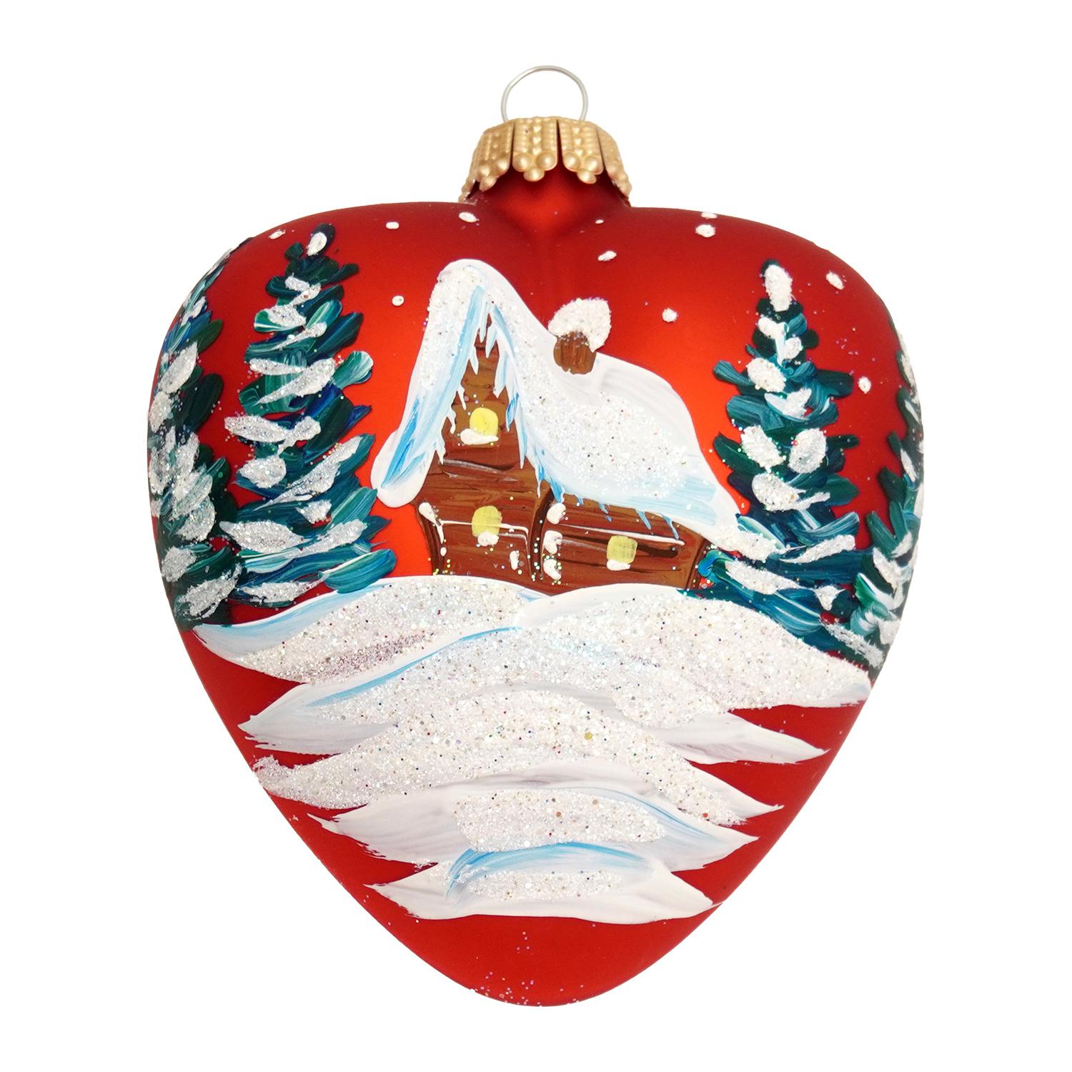 Baumschmuck Herz mit Verschneitem Haus Rot 9cm