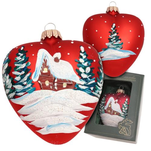 Herz mit verschneitem Haus, Rot Satin, 10cm