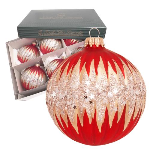 Riffelkugeln mit Glitter & Sternen, Rot & Gold Satin, 8cm