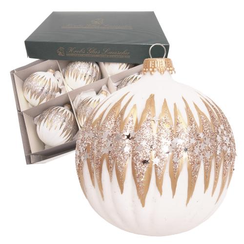 Riffelkugeln mit Glitter & Sternen, Wei & Gold Satin, 8cm