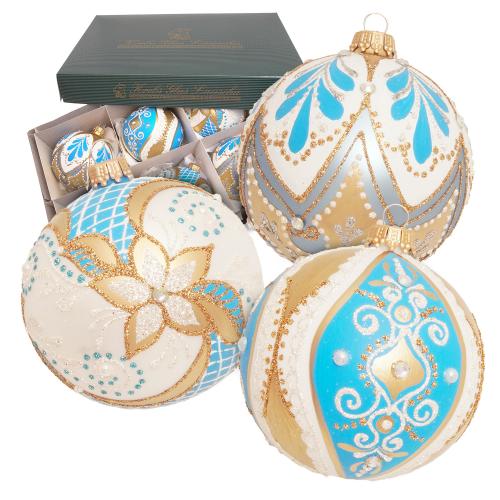 Kugeln Barock, Wei/Blau/Gold Satin, 8cm