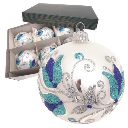 Kugeln Blaue Blume, Silber Satin, 8cm