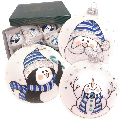 Kugeln Santa, Pinguin & Schneemann, Silber Satin, 8cm