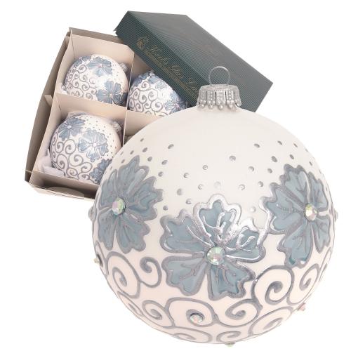 Kugeln Blumen & Wirbel, Wei Satin, Blau/Silber Dekor, Strass, 10cm