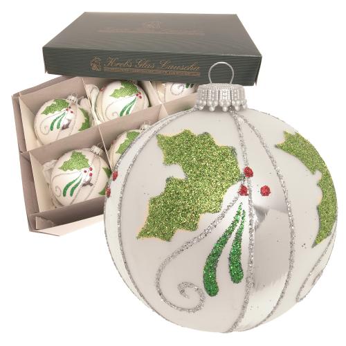 Kugeln Ilex & Streifen, Silber Satin, Glitterdekor, 8cm