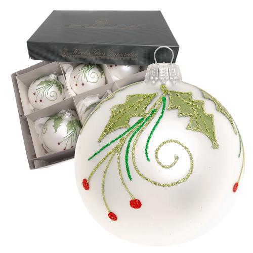 Weihnachtskugeln Ilex und rote Beeren silberfarbig 8cm