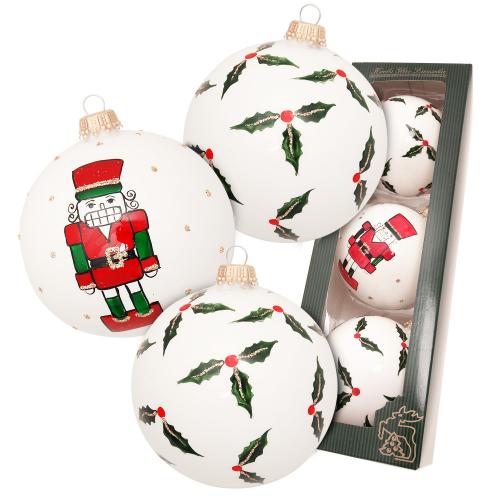 Kugeln Nussknacker & Ilex, Wei Satin, 8cm