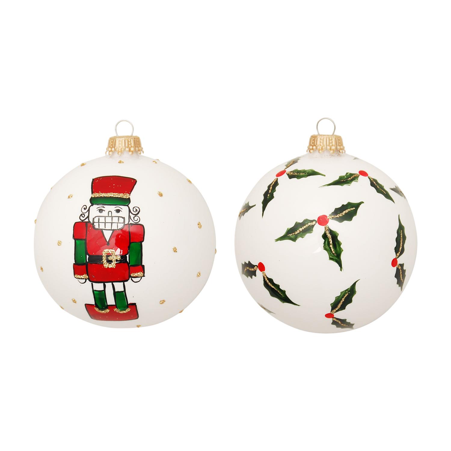 Weihnachtskugeln Ilex und Nussknacker Wei� 8cm