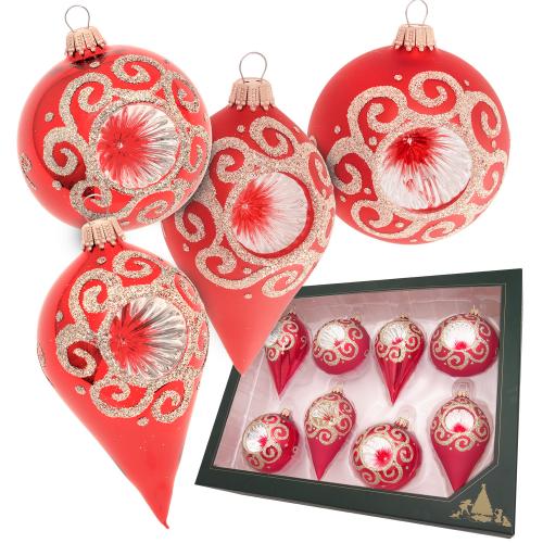 Reflex Kugeln & Tropfen Swirl, Rot Satin/Glanz & Silber, 7-10cm