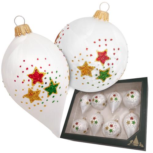 Kugeln & Tropfen mit buntem Sternendekor, Wei Satin, 7-10cm