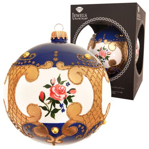 Weihnachtskugel Rosendesign blau wei 10cm