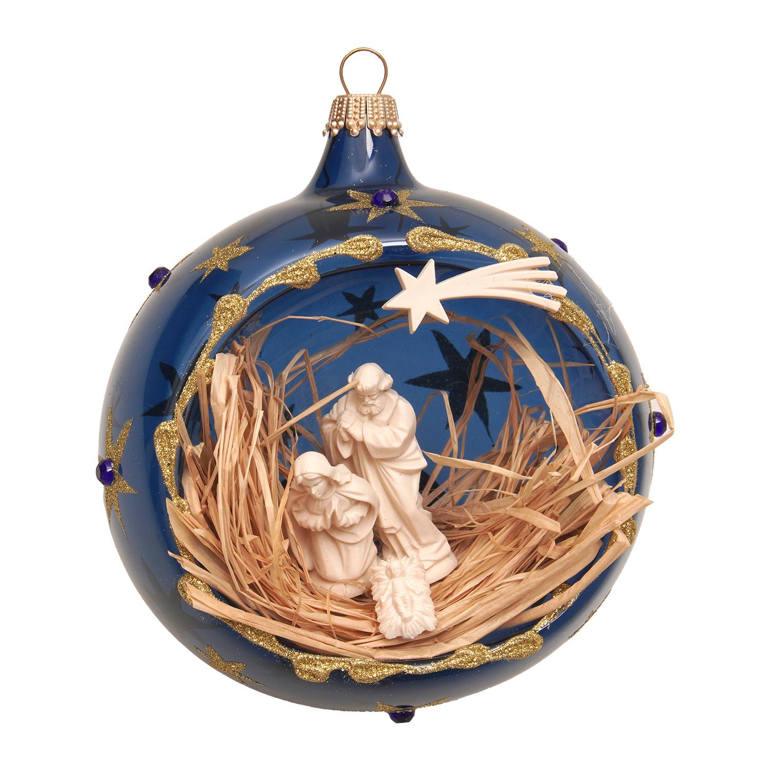 Weihnachtskugel Krippenszene Blau 10cm