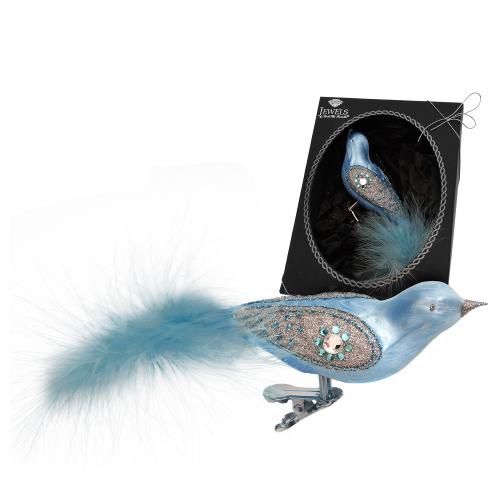 Baumschmuck Vogel exquisit mit Feder blau 17cm