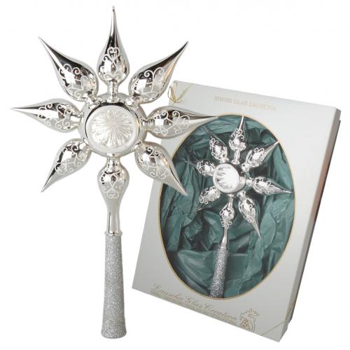 Silber glanz 30cm große Sternspitze mit Reflex und angesetzten Glastropfen, mundgeblasen, handdekoriert
