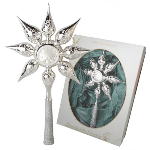 Silber glanz 30cm groe Sternspitze mit Reflex und angesetzten Glastropfen, mundgeblasen, handdekoriert