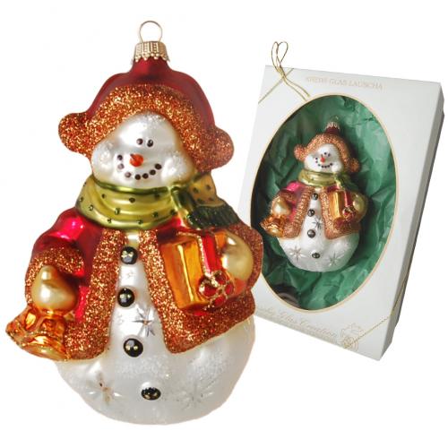 Multicolor 14cm Schneemann mit Geschenken und Glocke, Glasornament, mundgeblasen und handdekoriert (1)