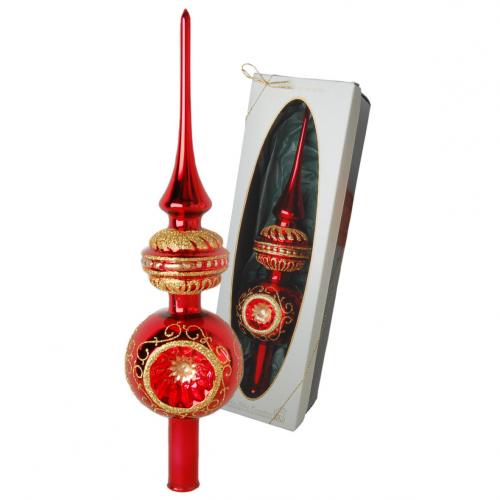 Rot glanz 33cm Groe Reflexspitze mit 3 Reflexen und aufgesetzter Form, Glasornament, mundgeblasen und handdekoriert mit Glitter