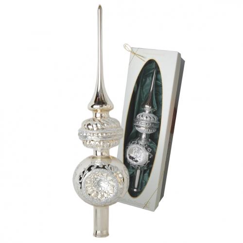 Silber glanz 28cm Große Reflexspitze mit 3 Reflexen und aufgesetzter Form, Glasornament, mundgeblasen und handdekoriert mit Glitter