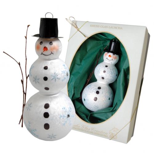 Eiswei/Schwarz 16cm Schneemann 3-kugelig mit Zweig und Hut, Glasornament, freigeblasen und handdekoriert
