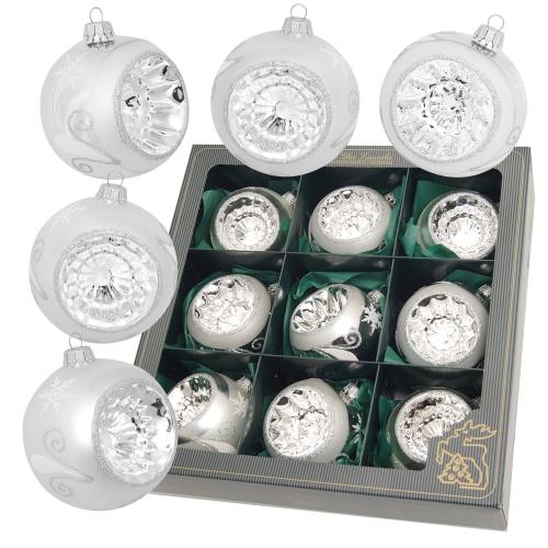 Silber/Satin-Silber 8cm Glasreflexsortiment 3 versch. Reflexstyles, 9-fach, mundgeblasen, handdekoriert