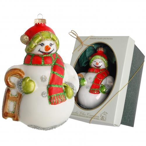 Multicolor 12cm Groer Schneemann mit Schlitten aus mundgeblasenem Glas, aufwendig handdekoriert (1)